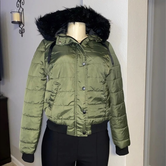 New J2 by JOU JOU Hooded Puffer Olive Jacket - Picture 2 of 12